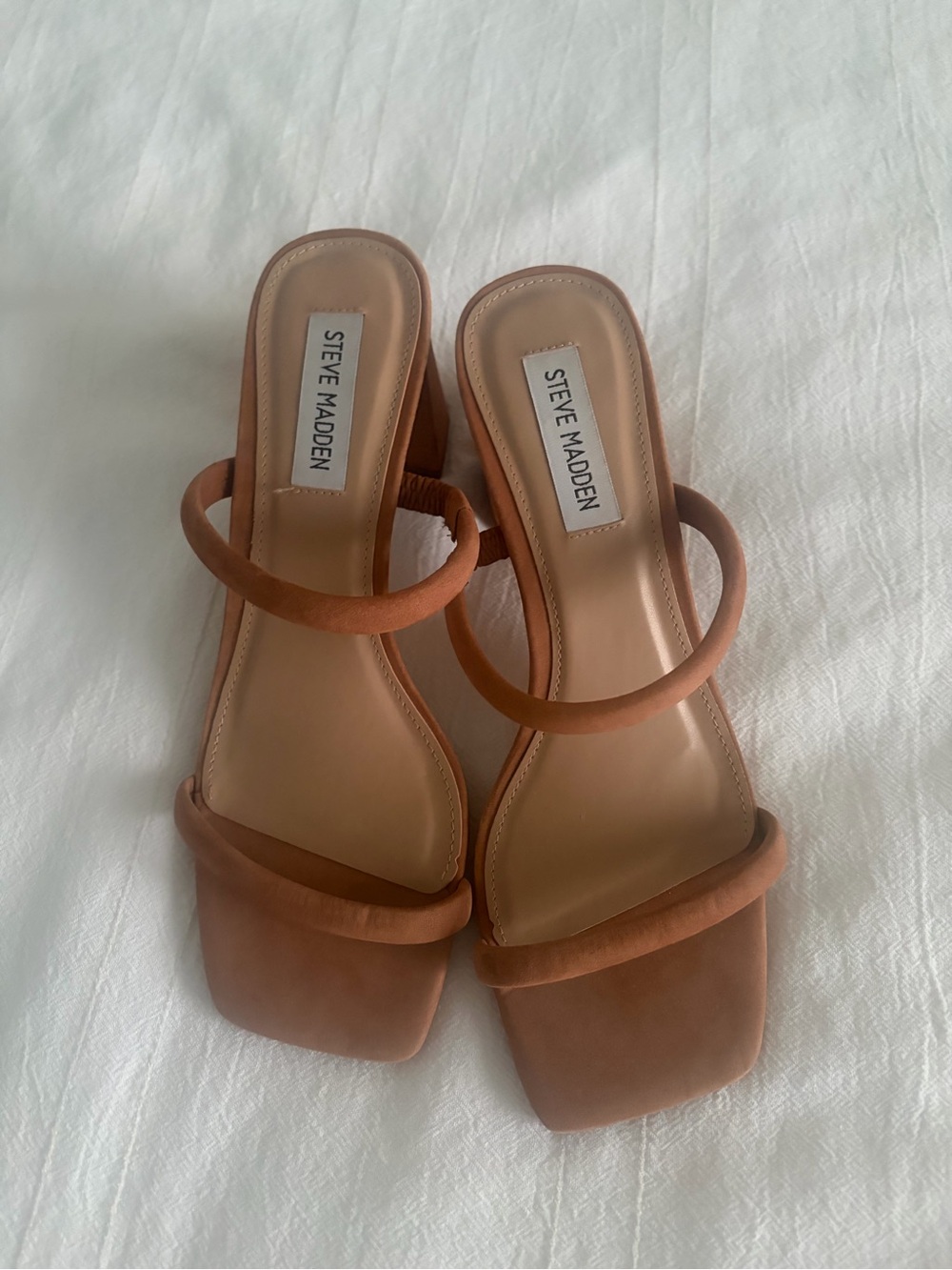 Steve Madden Tan Double-Strap Square-Toe Block Heel Sandals